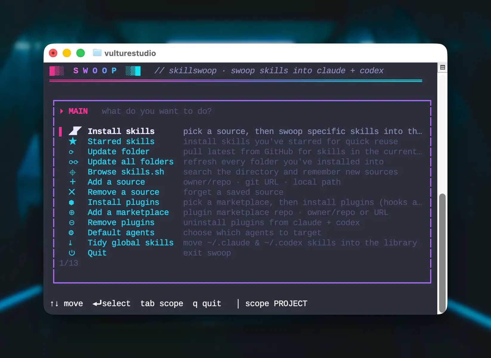 The Swoop terminal menu, scoped to PROJECT: install skills, starred skills, update folder, browse skills.sh, add a source, install plugins, default agents, and tidy global skills.