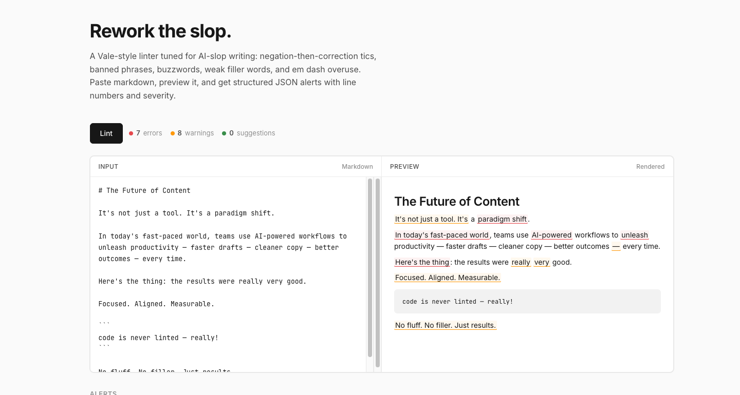 Unslop flagging AI-slop writing: 7 errors and 8 warnings, with buzzwords and em dashes underlined inline across a markdown editor and preview.